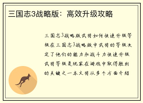 三国志3战略版：高效升级攻略